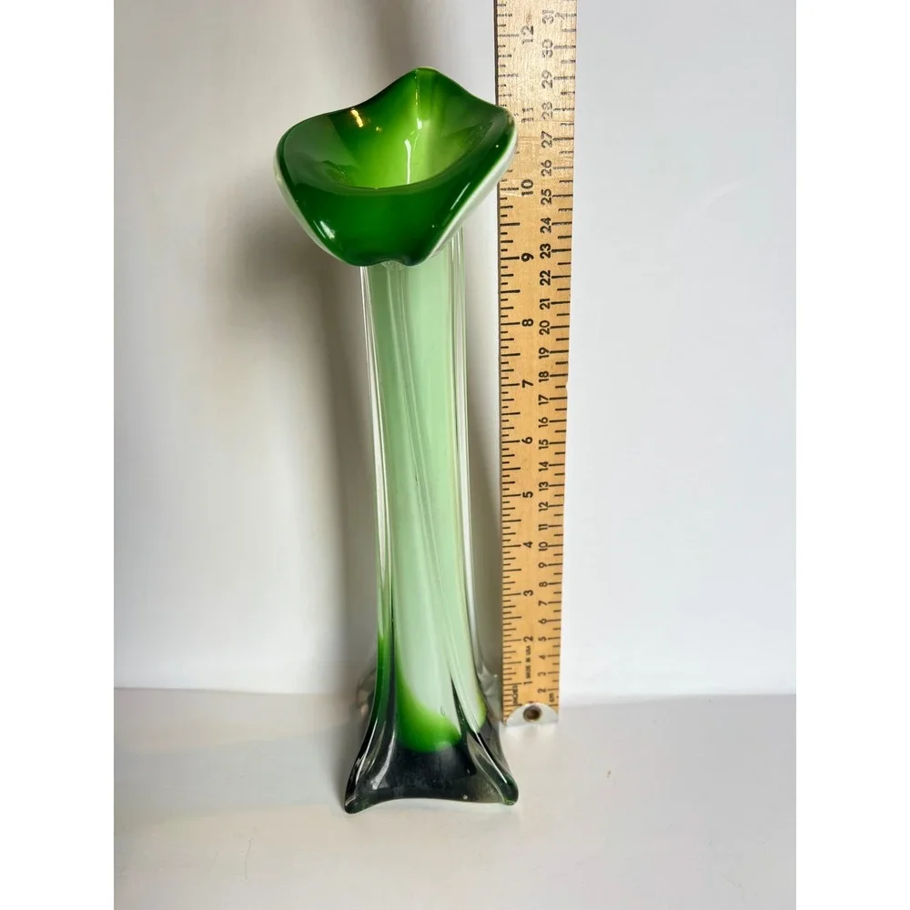 Vintage Green Swung Glass Vase MCM Calla Lily Jack in the Pulpit Art Glass 11in